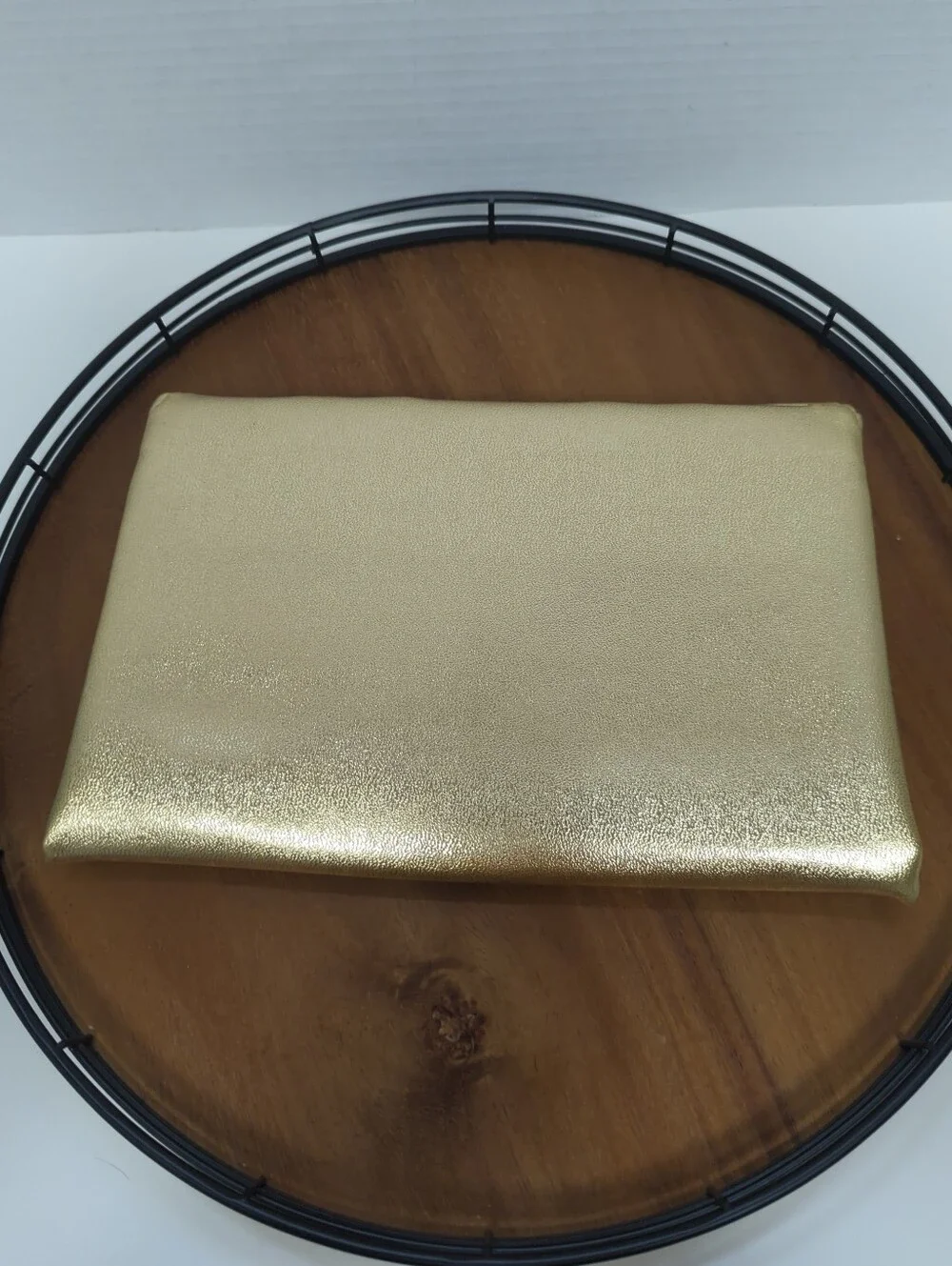 Vintage Avon Metallic Gold Faux Leather Clutch Pleated Details Snap Closure